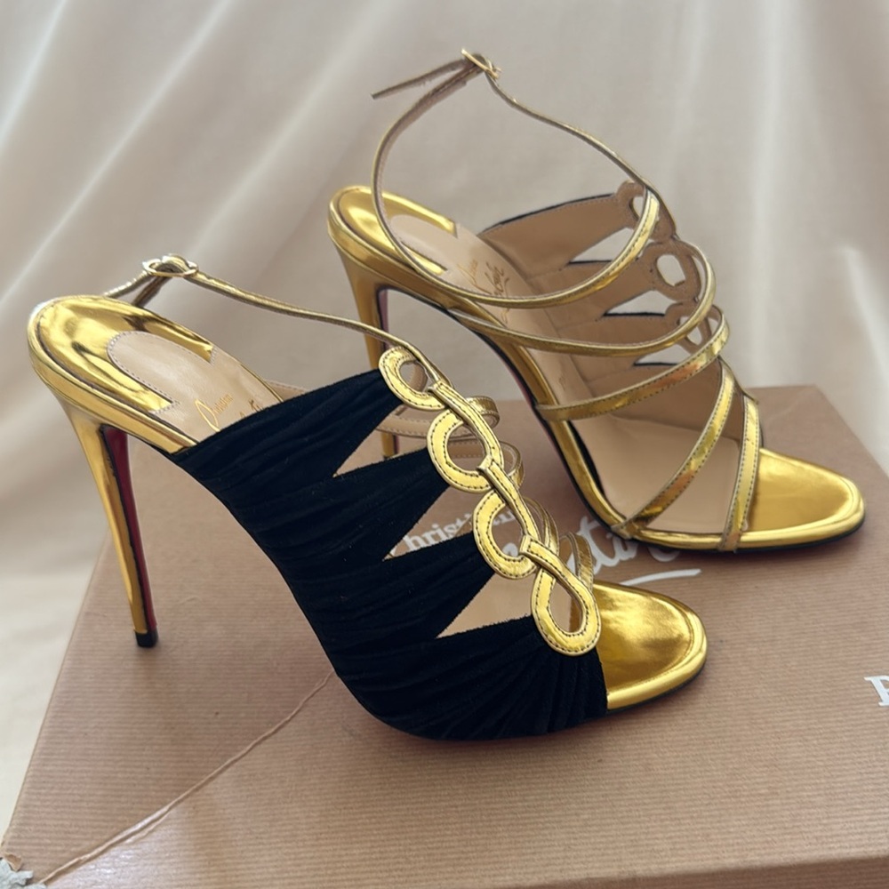 Christian Louboutin Gold and Black Heels with Strappy Design